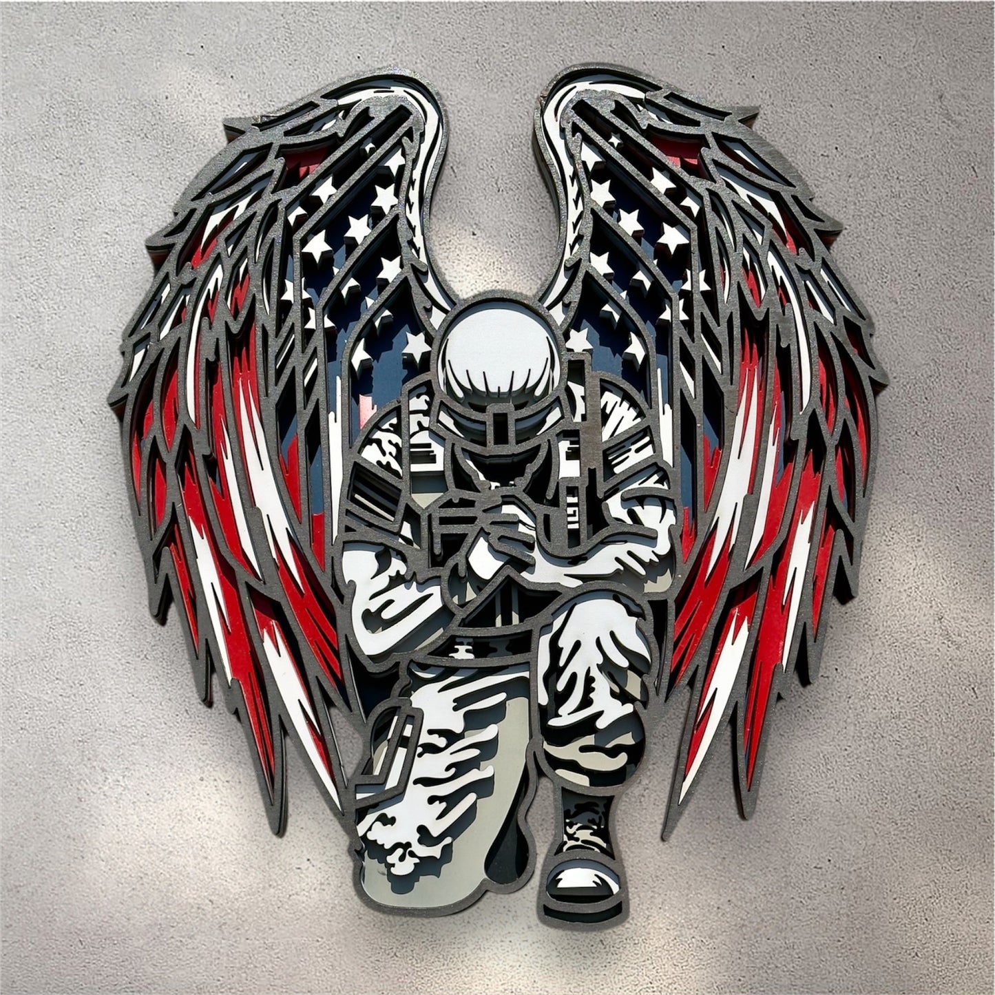 Kneeling Soldier with Angel Wings – Multi-Layer Patriotic Wall Art